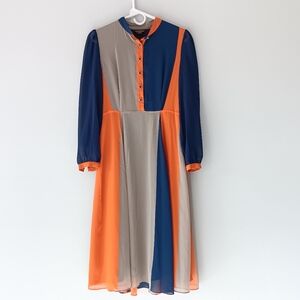 Gyalwana Dress Colorblock Long Sleeve Sheer Pleats Blue Orange Grey Medium